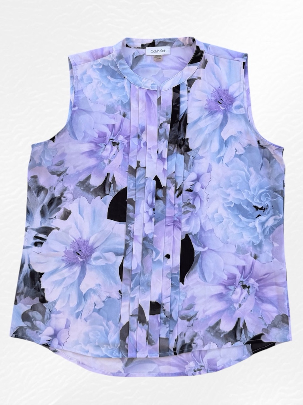 Calvin Klein Pastel Purple & Blue Floral Pleated Front Sleeveless Blouse, M